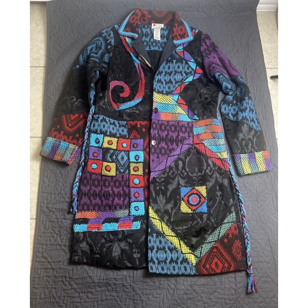 Sprit By Sandy Stark Wearable Art Patchwork Button Boho Trench Coat Jacket S